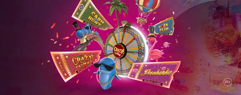 Crazy Time Bonusspiele als farbige Spielshow-Ansicht